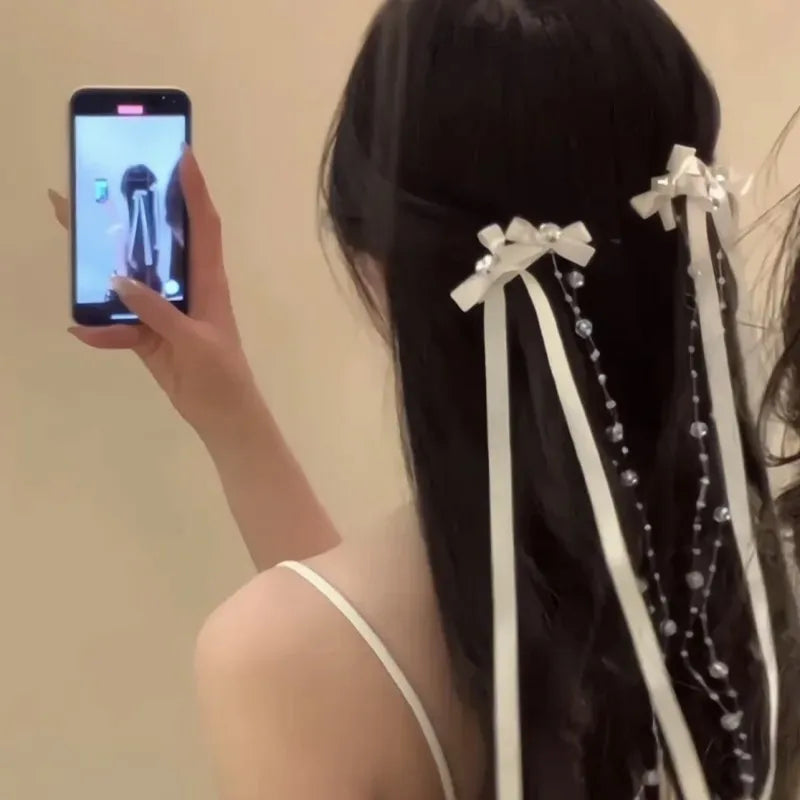 Ribbon Glass Beaded Bow Tassel Hair Clip Women Korean Y2K Fashion Solid Color Hairpin Girls Party Headwear Side Clips