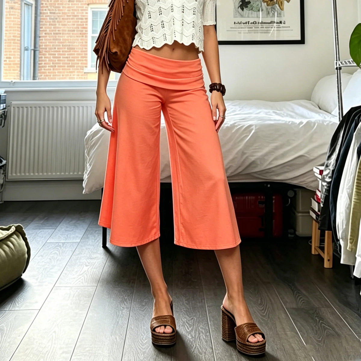 Capri Pants for Women Low Rise Fold Over Capri Yoga Pant Soft Comfy Flowy Wide Leg Capris Culottes Bottoms