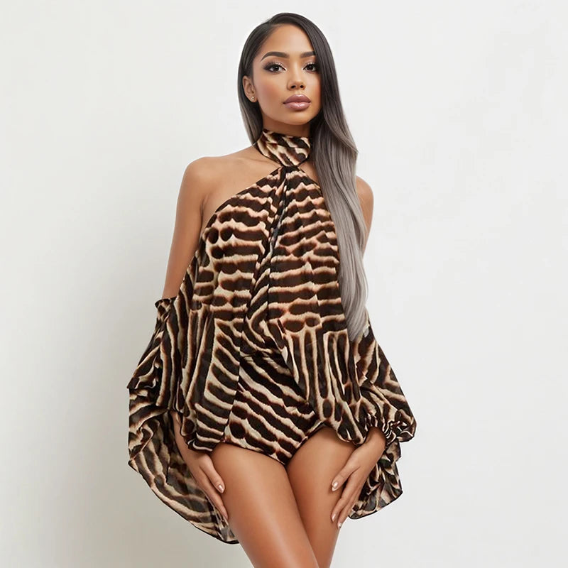 American style neck hanging off shoulder personalized top, tight shorts, printed two-piece set