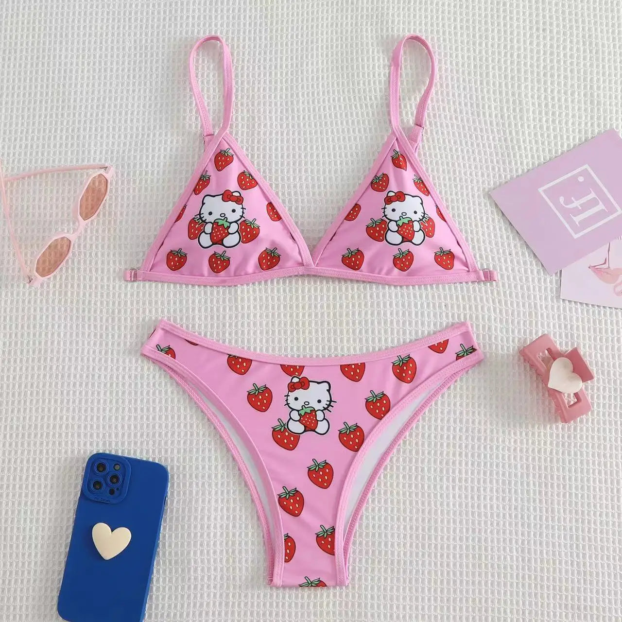 Sanrio Hello Kitty Kawaii Bikinis Set Cute Cartoon Anime Summer Beach Soft Side Strappy Panties Kawaii Swimsuit Sexy Bikini Y2k