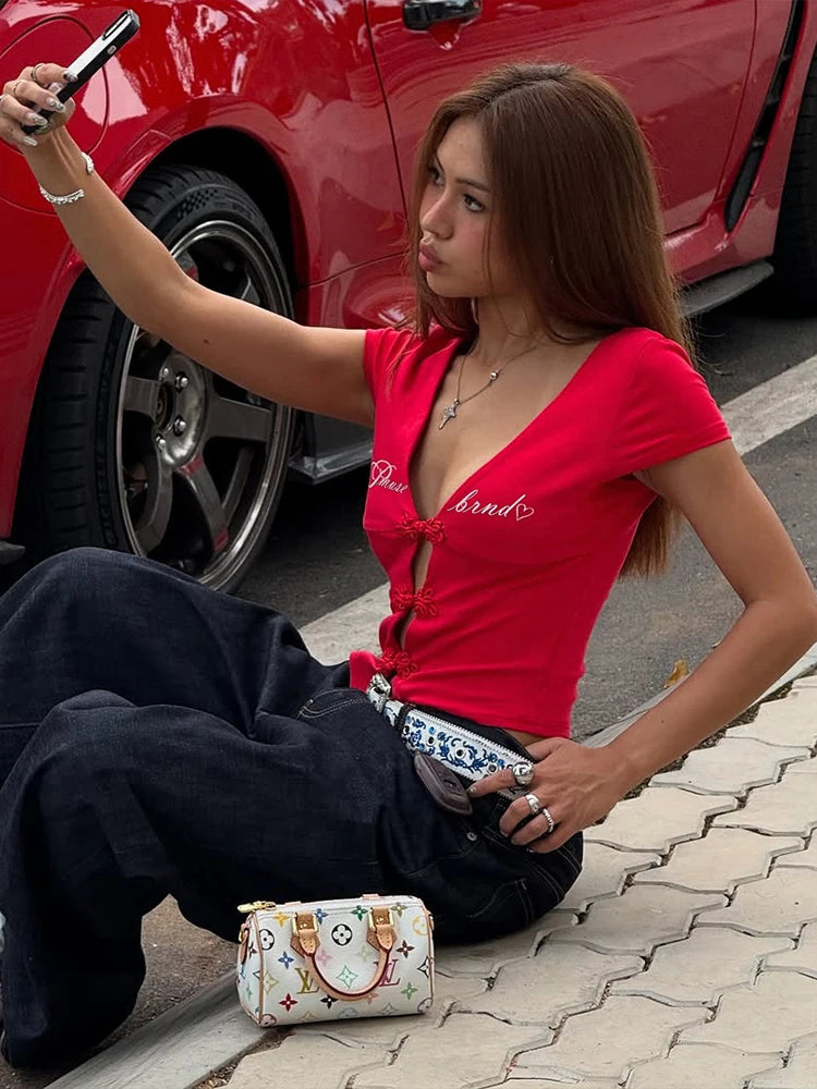 Weird Puss Sexy Letter Print T-Shirt Women Hollow Cheongsam Button V Neck Midnight Hottie Versatile Street Skinny Crop Tops