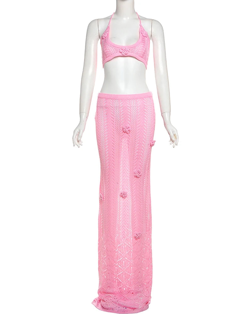 Weird Puss Beach Crochet Women Summer 2 Piece Set Applique Halter Bandage Camisole+Maxi Skirts Sexy Matching Vacation Clubwear