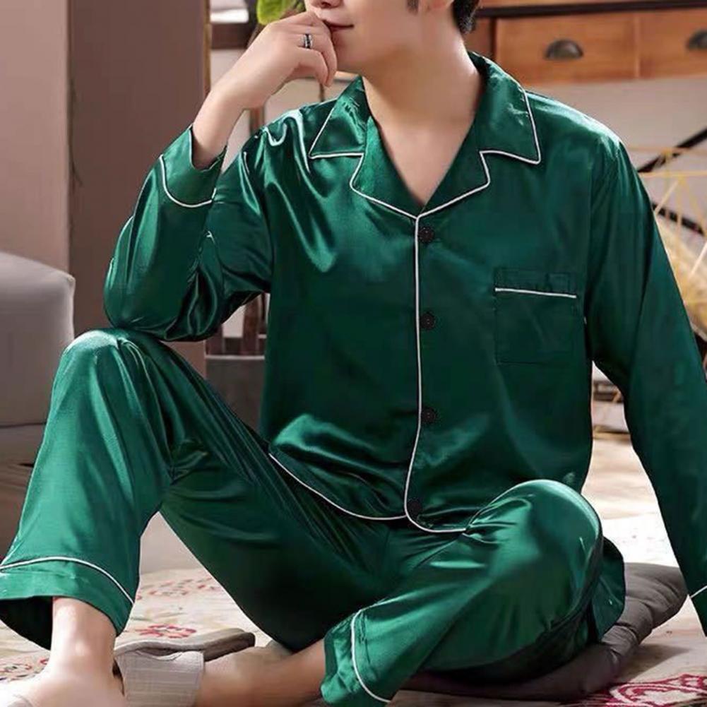1 Set Men Sleepwear Solid Color Long Sleeved Single Breasted Home Wear Ice Silk Loose Plus Size Pajamas Set For Home