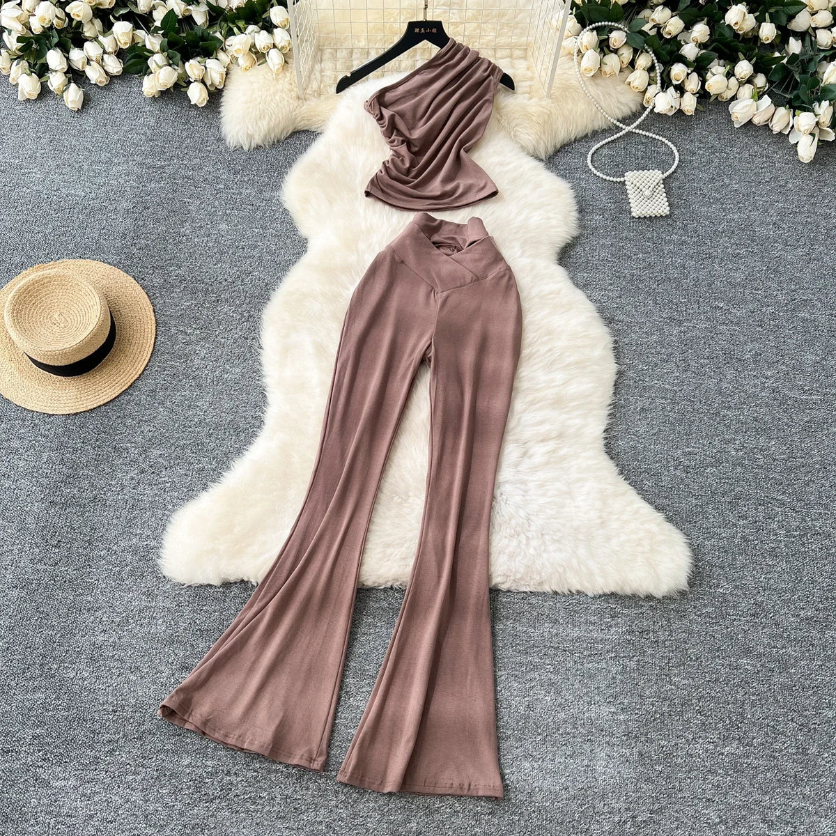 Chic Women Two-Piece Sets Vintage Diagonal Collar Sleeveless Pleated Top and High Waist Flare Pants Korean High Street Clothing