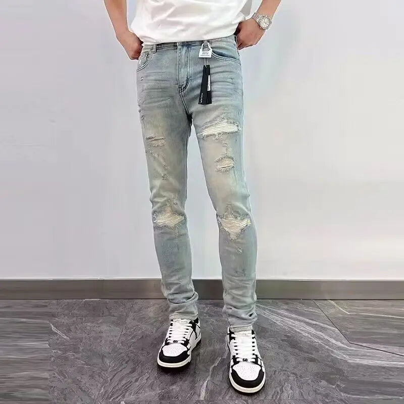 2025 Spring New Ripped Hole Denim Man's Pants Washing Light Blue Hip Hop Slim Fit  Men's Trousers High Street Blue beggar Jeans
