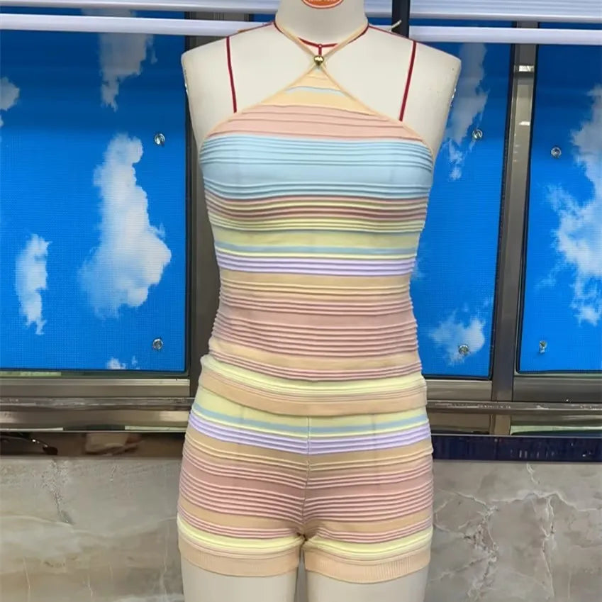 Women's Pastel Rainbow Striped 2 Piece Outfit Halter Neck Crop Top and Biker Shorts Knit Co-ord Set for Summer Streetwear