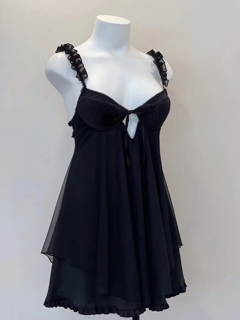 Sexy Pajamas Women's Nightgowns 2023 New Ruffles Lace with Chest Pad Cushion Suspender Pajama Dress Night Sleepwear Lingerie