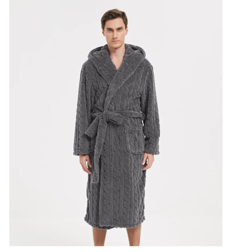 Warm Sleepwear Thicken Jacquard Flannel Men Robe Plush Coral Fleece Hooded Bathrobe Gown Winter Lounge Wear Home Wear Nightwear