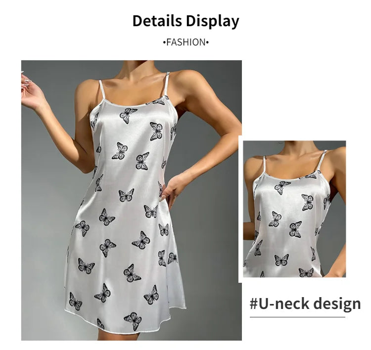 Women Sleepwear Satin Nightgown Mini Slip Chemise Short Nightwear Butterfly Print Spaghetti Strap Cami Nightdress