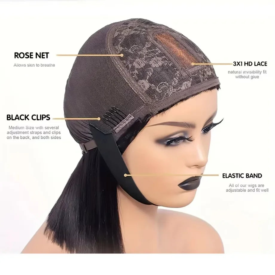 Wiggogo 3X1 Middle Part Lace Wig Bone Straight Human Hair Wig With Bangs Full Machine Made Straight Human Hair Wigs For Women