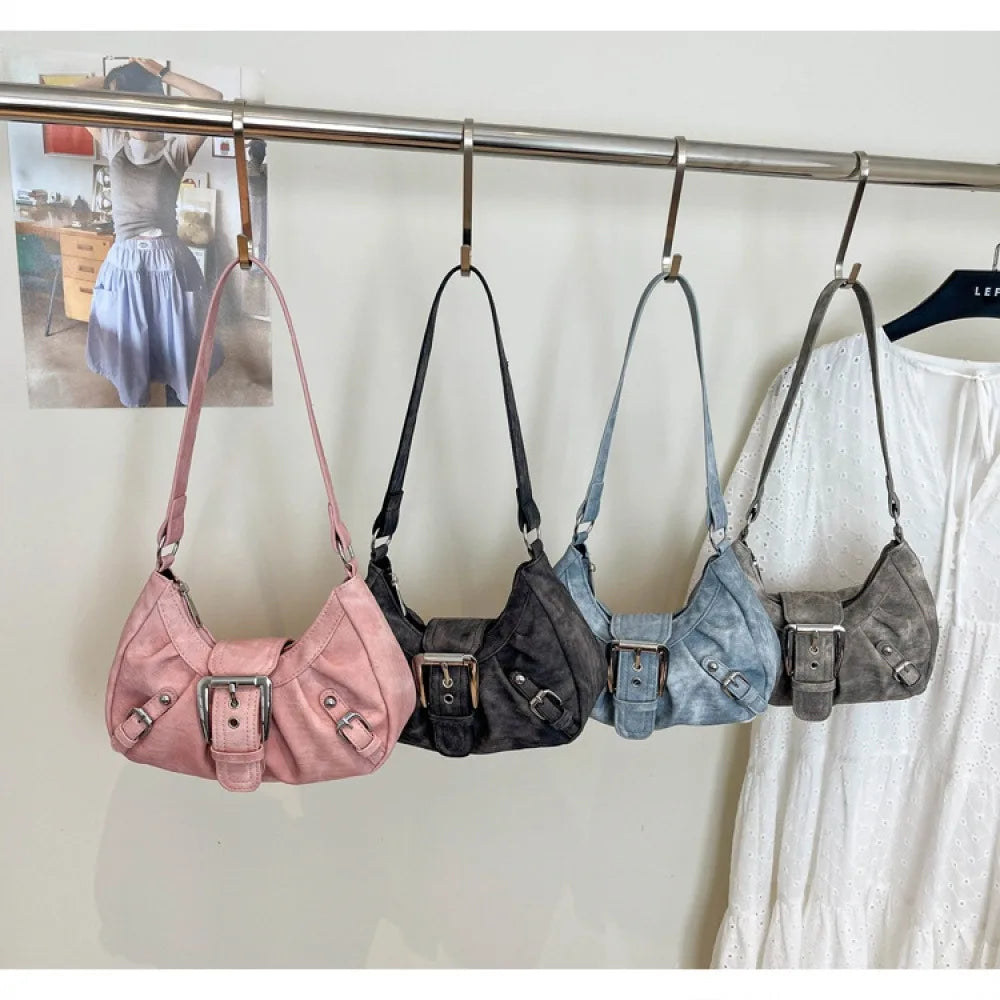 Vintage Tie-Dye Denim Underarm Bag Y2K Metal Buckle Pleated Commuting Versatile Handbag Crescent Small Shoulder Bag