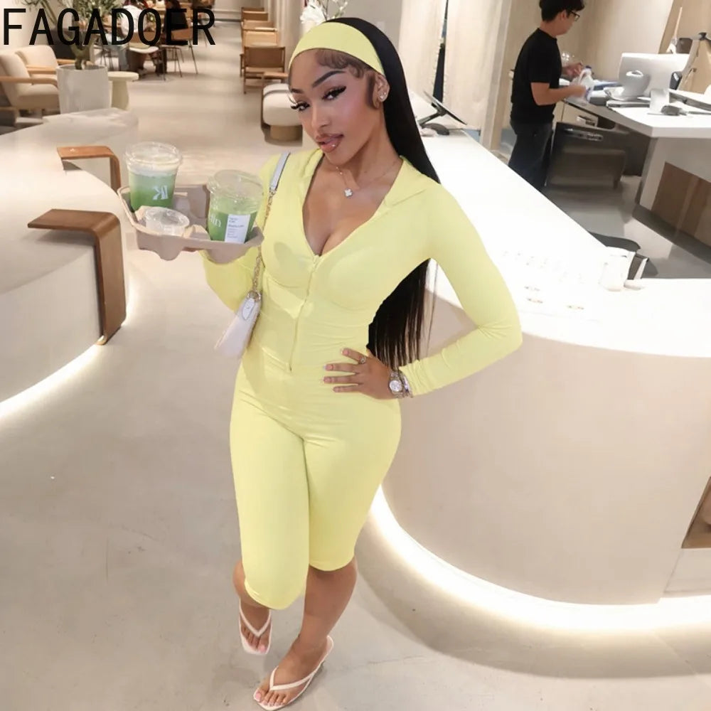 FAGADOER Casual Sporty 3 Piece Sets Fashion Solid Hooded Zip Up Long Sleeve Crop Top Capri Pants Headbands Matching Tracksuits