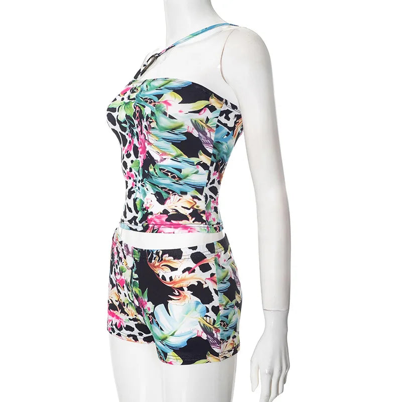 Sexy Nightclub Party Bikini Set with Irregular Round Buckle Printed Backless Short Tight Spring Summer Women's Lingerie Swimwear