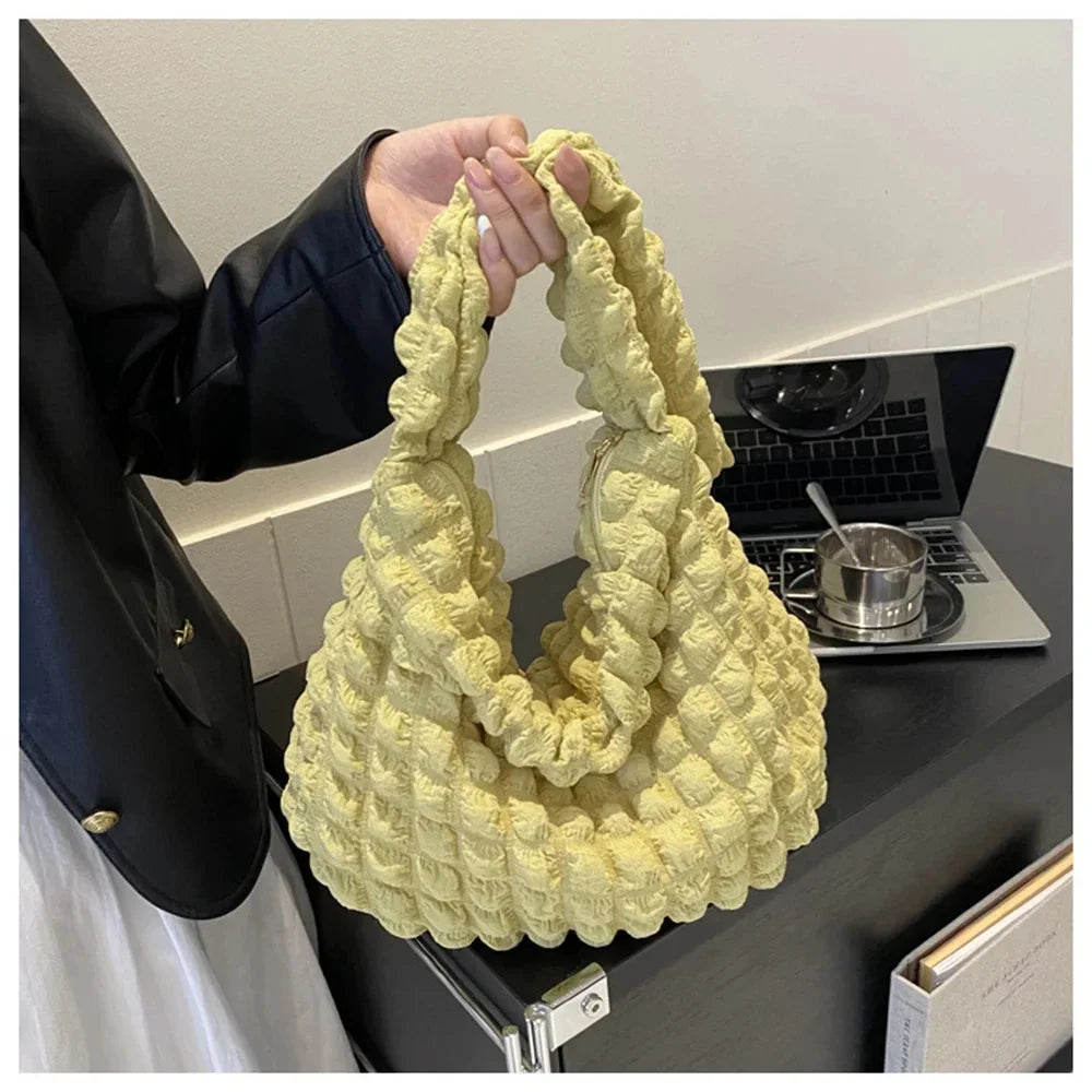 Pleated Embroidered Plaid Shoulder Bag – Crossbody & Underarm Bag, Stylish Large Capacity Quilted Tote for Women