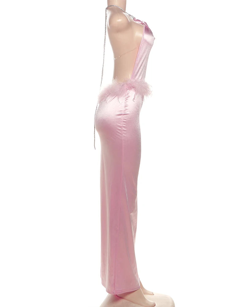 Weird Puss Satin Feather Waist Dress Women Y2K Sexy Sleeveless Backless Tassel Rhinestones Split Banquet Party Clubwear Vestidos