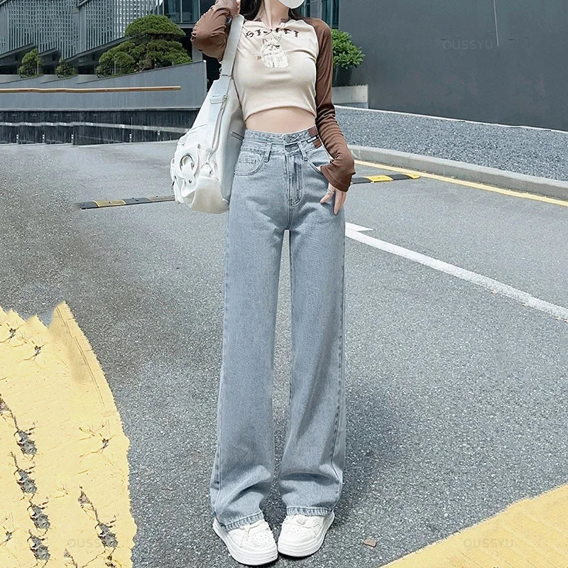 OUSSYU Woman Jeans High Waist Straight Wide Leg Cotton  Clothing Blue Streetwear Vintage Fashion Harajuku Women Trousers