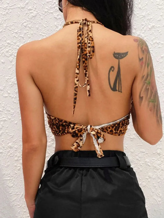Leopard Print Halter Crop Top for Women Backless Bandage Lace-Up Sequin Metal Ring Detail Party Club Bustier 2025 Style