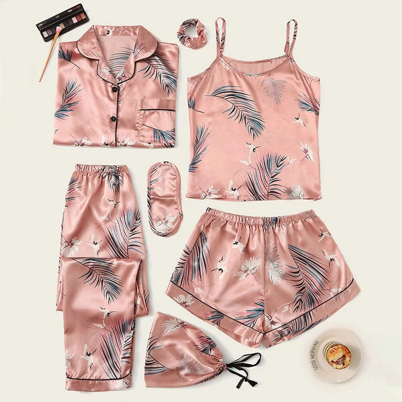 Women's Pajamas Set 7 Pieces Satin Sleepwear Pijama Silk Nightgown Suit Summer Women Home Clothing Printing Sleep Pyjama Femme