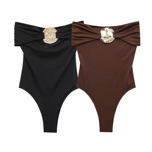 PB&ZA 2025 Women Off Shoulder One Piece Swimsuit with Decorative Buckle Stylish Black and Brown Design for Sale on AliExpress