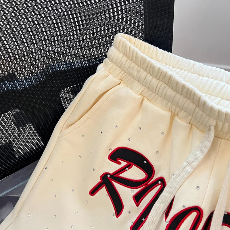 Diamond Patch Embroidered Letter Logo Casual Shorts Loose Drawstring Shortpants Jorts for Men Women