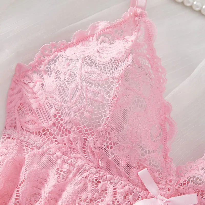 Sexy Lace Nightdress Transparent Pink Lingerie Women Underwear Sexy Sleepwear Thin Style G-string Set Elegant DeepVDress Pijamas