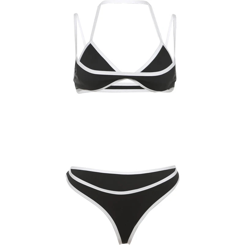 Weird Puss Patchwork 2 Piece Set Women Swimsuit Beach White Border Halter Bra Tops+Panties Basic Skinny Clubwear Vacation Suits