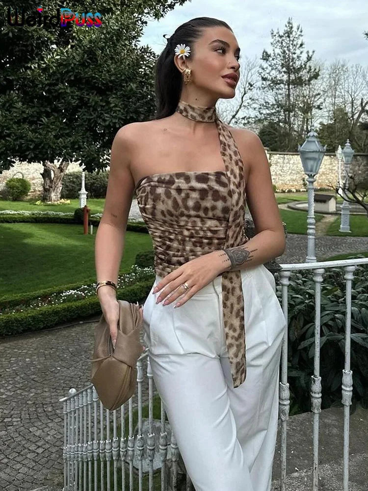 Weird Puss Leopard Print Crop Tops Woman Summer Strapless Ruffles Scarf Collar Trend Sexy Party Wild Chic Clubwear Skinny Vest