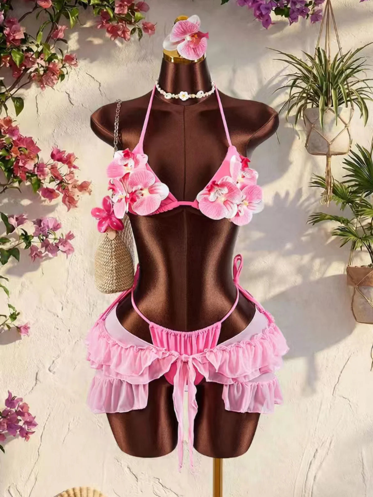 Sexy Pink 3D Floral Bikini Set Women Mesh Ruffle Cover Up 3 Piece Swimsuit 2026 Summer Push Up Bra Bathing Suit Holiday Swimwear