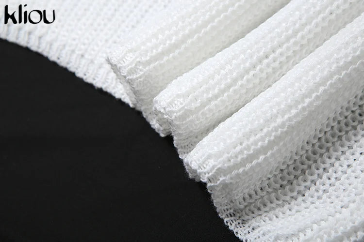 kliou Crochet Halter Dress Women See Through Bandage Sleeveless Backless Sheath Low Neck Vestidos Concise Solid Girls Streetwear