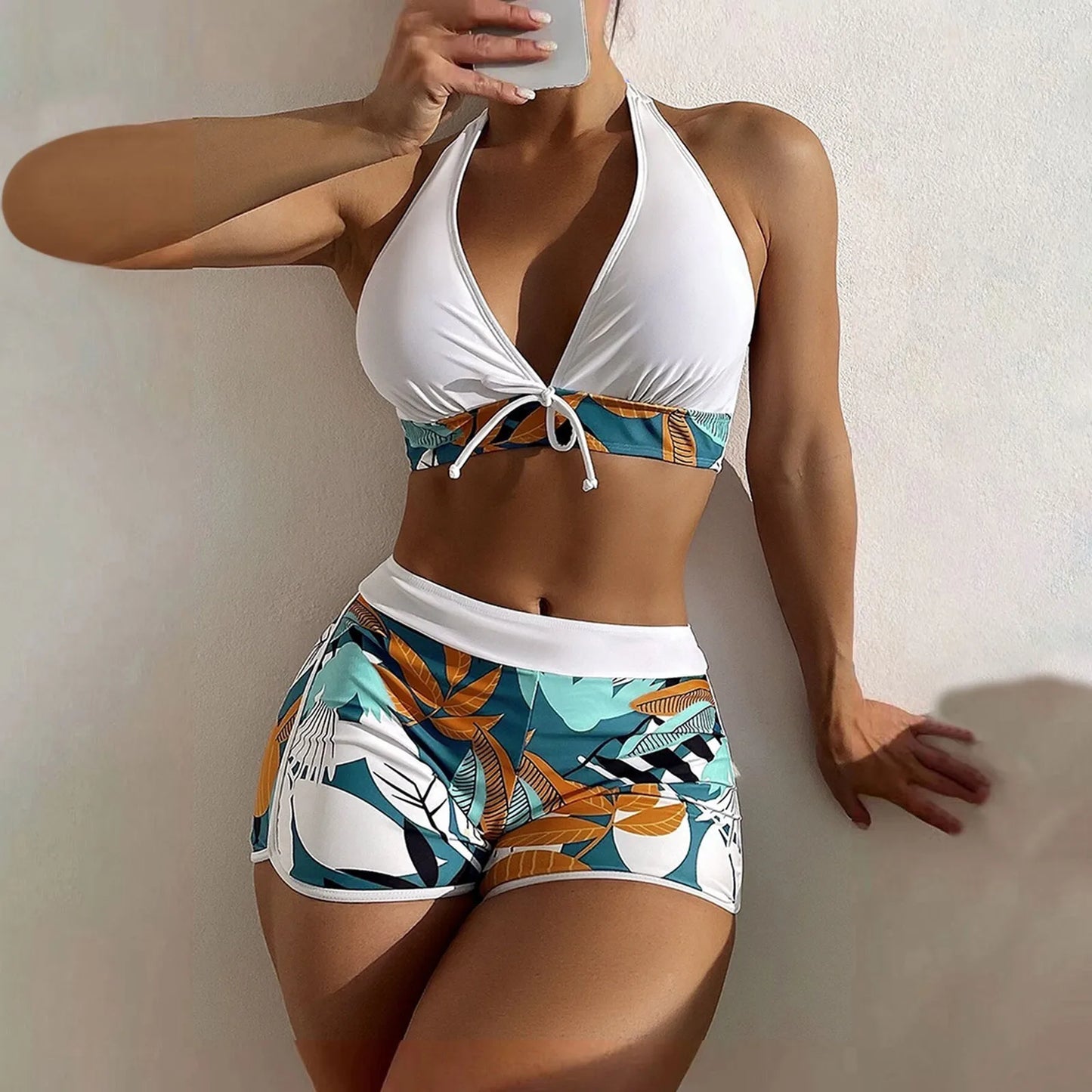 Shorts Bikinis Set  High Waist Swimsuit Women Swimwear  Plant Print Bathers Bathing Swim Suit Beachwear