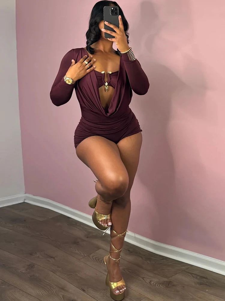 Swing Collar Romper & Metal Buckle Bra Set — Women's Party