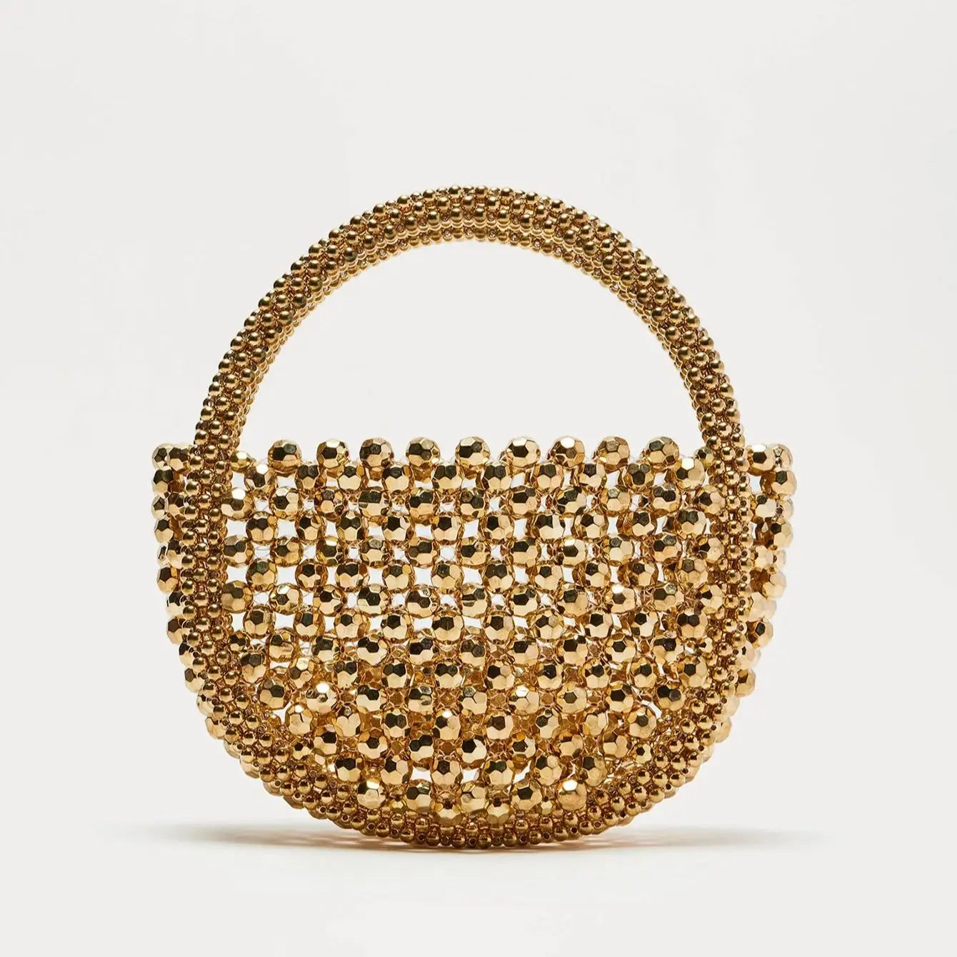 Hollow Hand-Made Metal Sense Gold Beads Woven Handbag Half-Round String Beads Pearl Bag Round Handbag