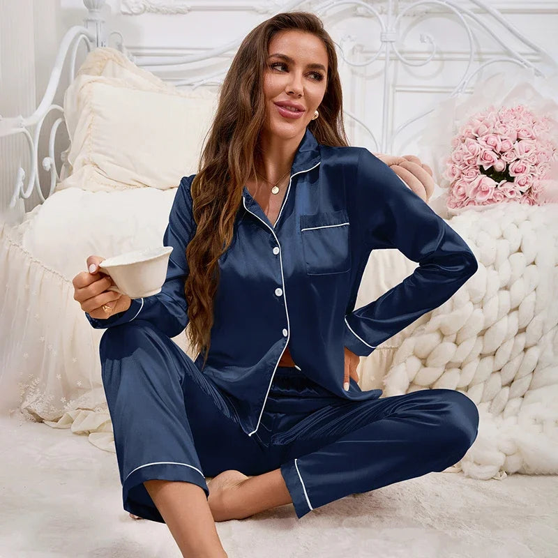 Autumn Satin Women‘s Pajamas Set Notched Collar Top & Wide Leg Long Pants 2 Pieces Sleepwear Female Loungewear Like Leisure Suit