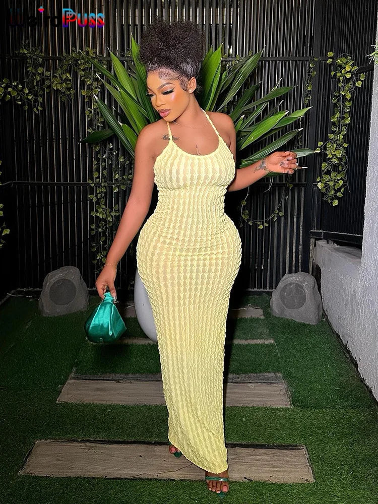 Weird Puss Backless Halter Dress Women Cross Bandage Sleeveless Sexy Elegant Skinny Stretch Wedding Party Maxi Bodycon Vestidos