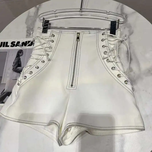 DEAT Women's Fashion High Waist Zipper Design Shorts Trendy Casual A-line Side Straps Short Pants Female Spring New 11A02658