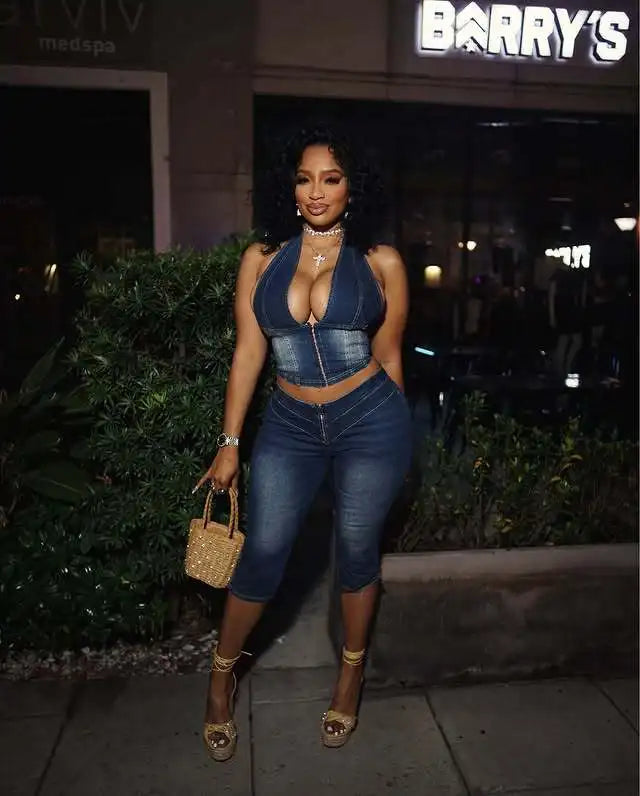 HLJ&GG Blue Fashion jeans Halter Two Piece Sets Women Sleeveless Backless Slim Crop Top And Skinny Jean Pants Outfits Streetwear