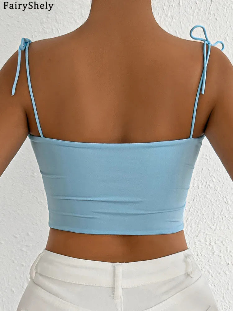 Fairyshely Sexy Female Summer Tied Strap Top 2025 Women Lace Sleeveless Bodycon Short Vest Lady Blue Off Shoulder Clud Crop Tops