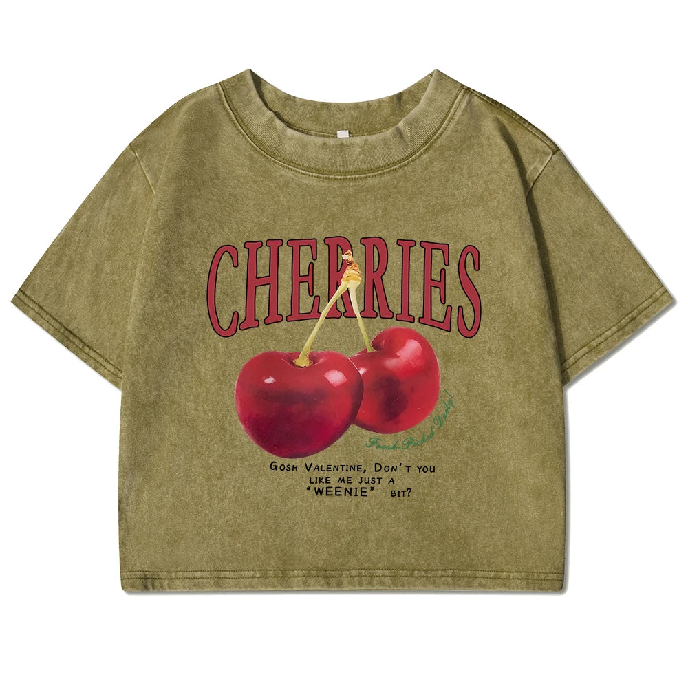 Red Cherries Letter Printed Female T-shirt Fashion Summer Washed Clothing Casual Cotton Crop Top Retro Tee Shirts For Women