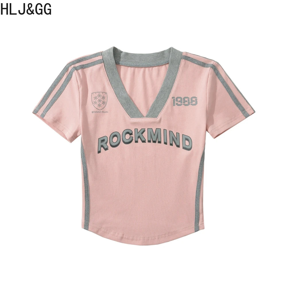 HLJ&GG Y2K American Vintage Letter Print Two Piece Sets Women V Neck Short Sleeve Slim Crop Top And Tassels Skinny Pants Outfits