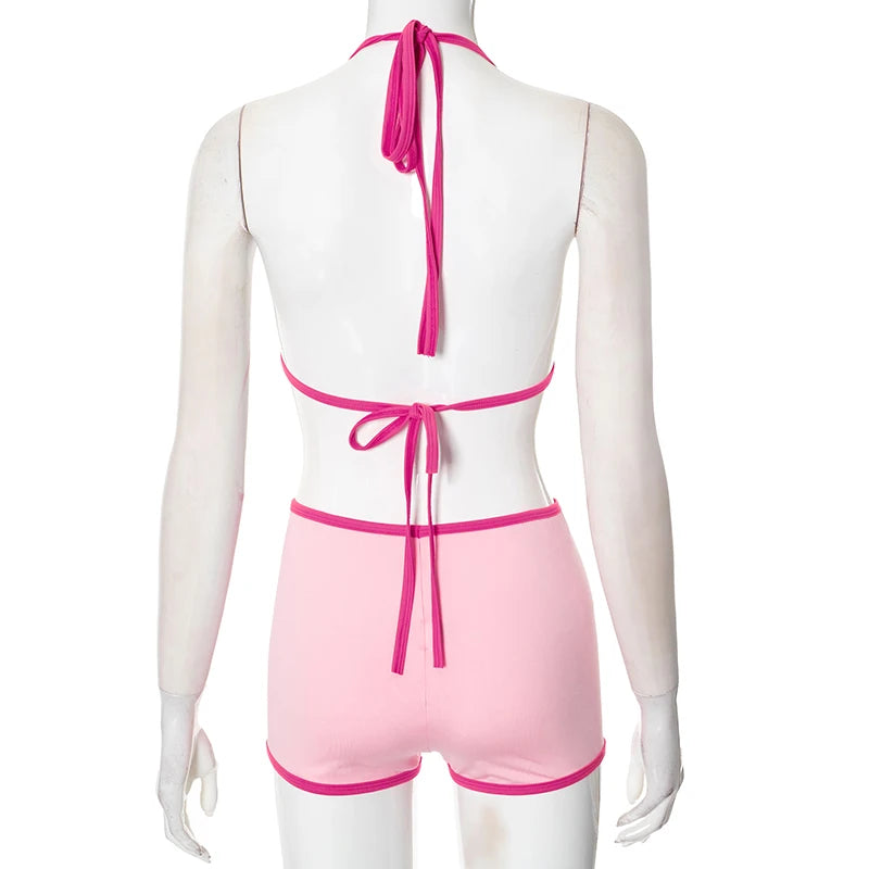 Weird Puss Contrast Bandage 2 Piece Set Women Sexy Halter Mini Bra+Skinny Swim Shorts Vacation Beach Party Style Trend Swimsuits