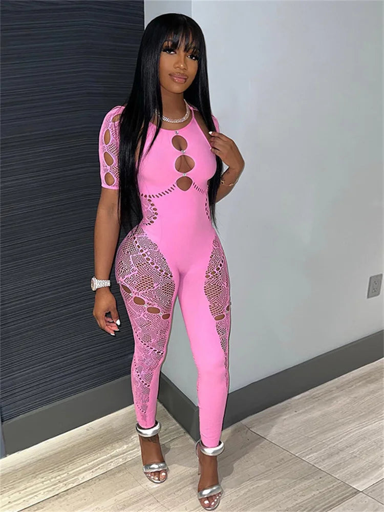 Club Outfits Sexy Jumpsuits for Women Short Sleeve Bodycon Rompers Jumpsuit Skinny Pink Mesh See Though One-piece Overalls 2024