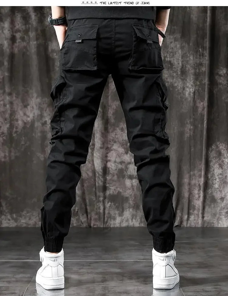 Trendy Men's Spring Autumn Cargo Pants Slim Fit Casual Style Loose Fit American Style Multiple Pocket Small Foot Pants Black