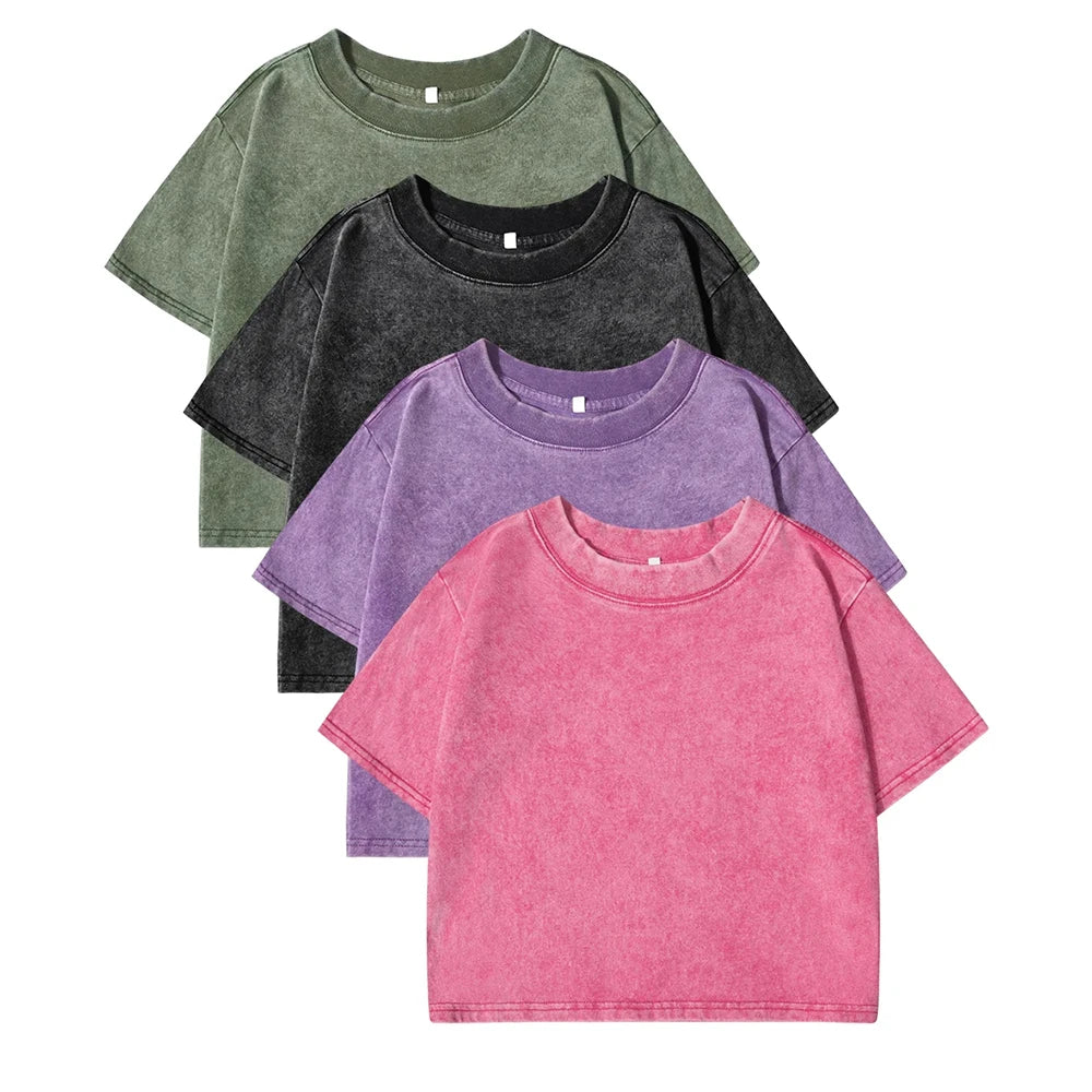Slim Retro T-Shirt Solid Color Women Fashion Cotton Tee Tops Casual Sport Short Sleeve Cool Washed Streetwear For Female