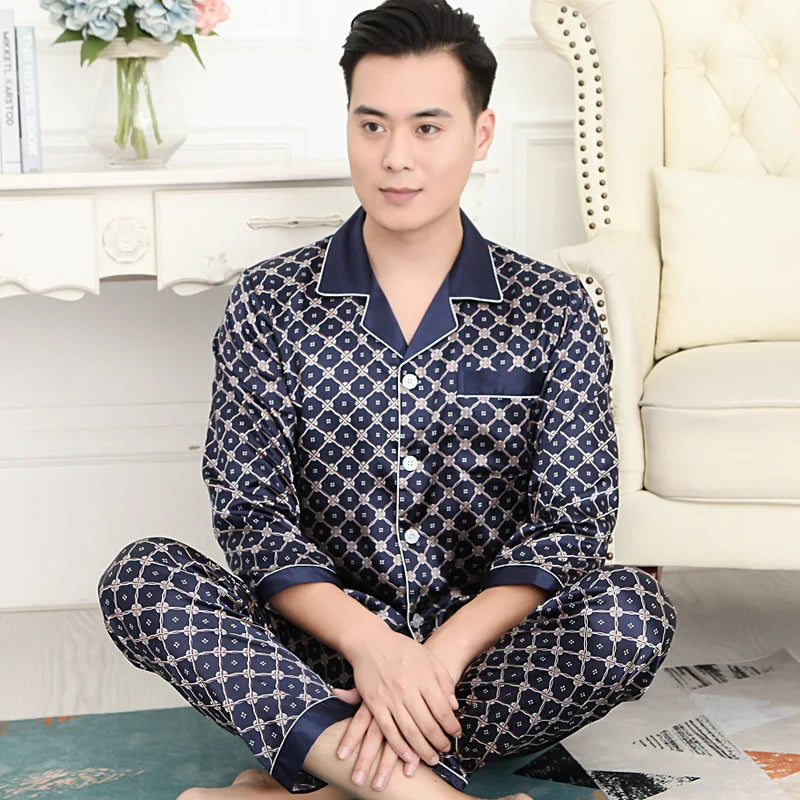 Silk Satin Pajamas for Men Sleepwear Cozy Soft Print Long Sleeve Nightgown Tops + Trousers Two Pieces Mens Pajama Set