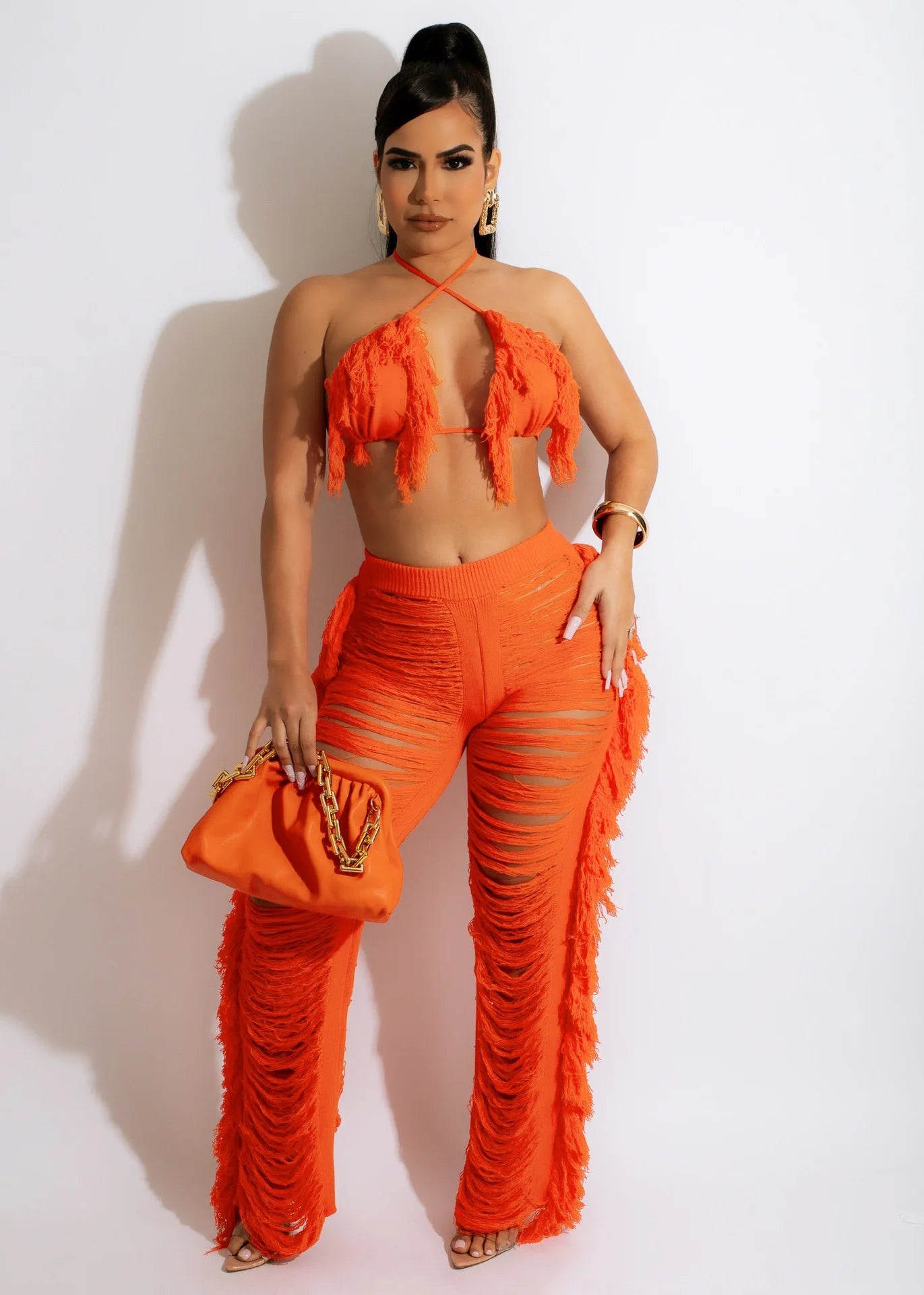 Summer Tassel Club Pants Outfits Set Sexy Women Backless Two Pieces Party Matching Set Top+Hollow Out Pants