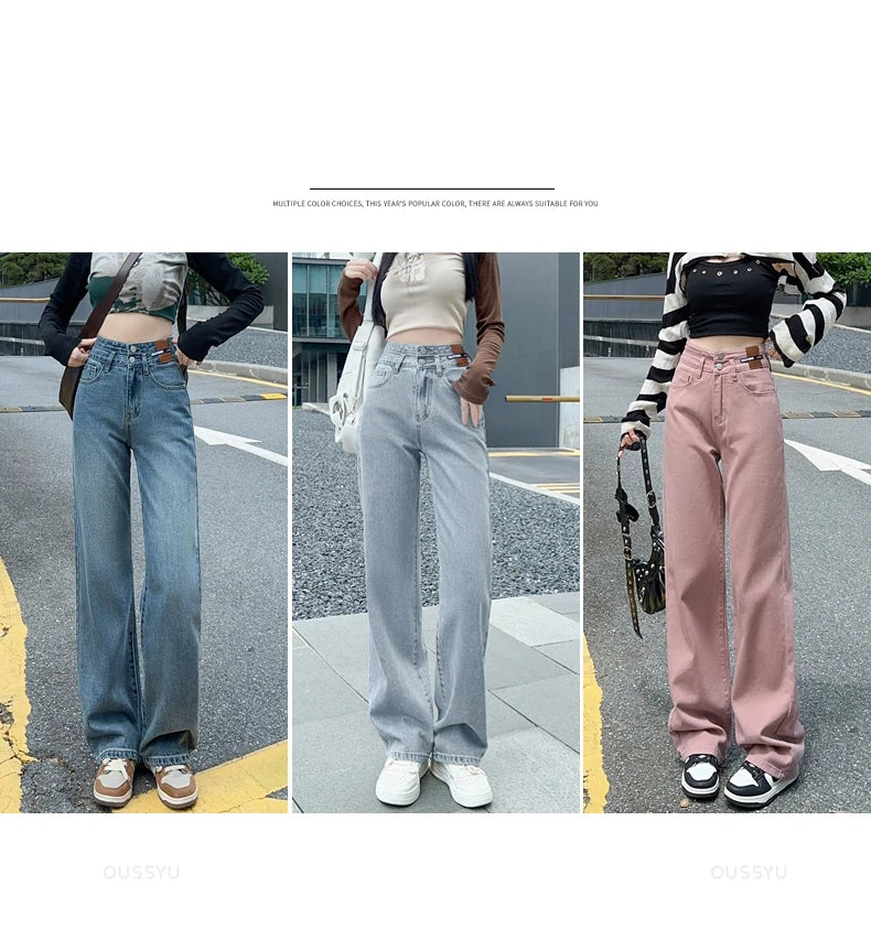 OUSSYU Woman Jeans High Waist Straight Wide Leg Cotton Denim Clothing Blue Streetwear Vintage Fashion Harajuku Women Trousers