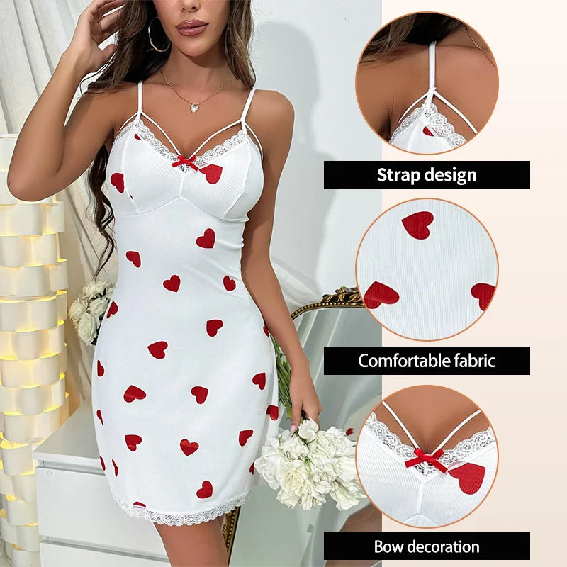 Sexy Lace Women's Nightdress Deep V Neck Love Print Lingerie Elegant Hollow out Sleepwear Knit Dress Homewear Lounge Pajamas
