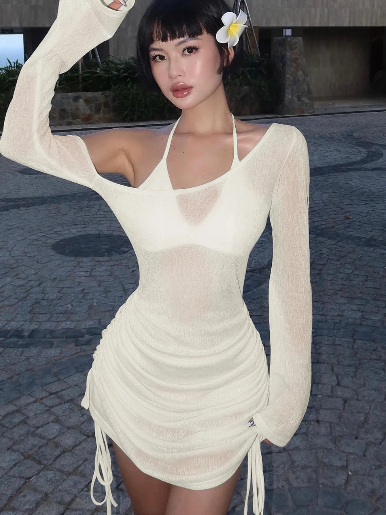 Dulzura Solid Skew Collar Ruched Straps Lace-Up See Through Draw String Mini Dress 2023 Summer  Women Party Clubwear Wholesale