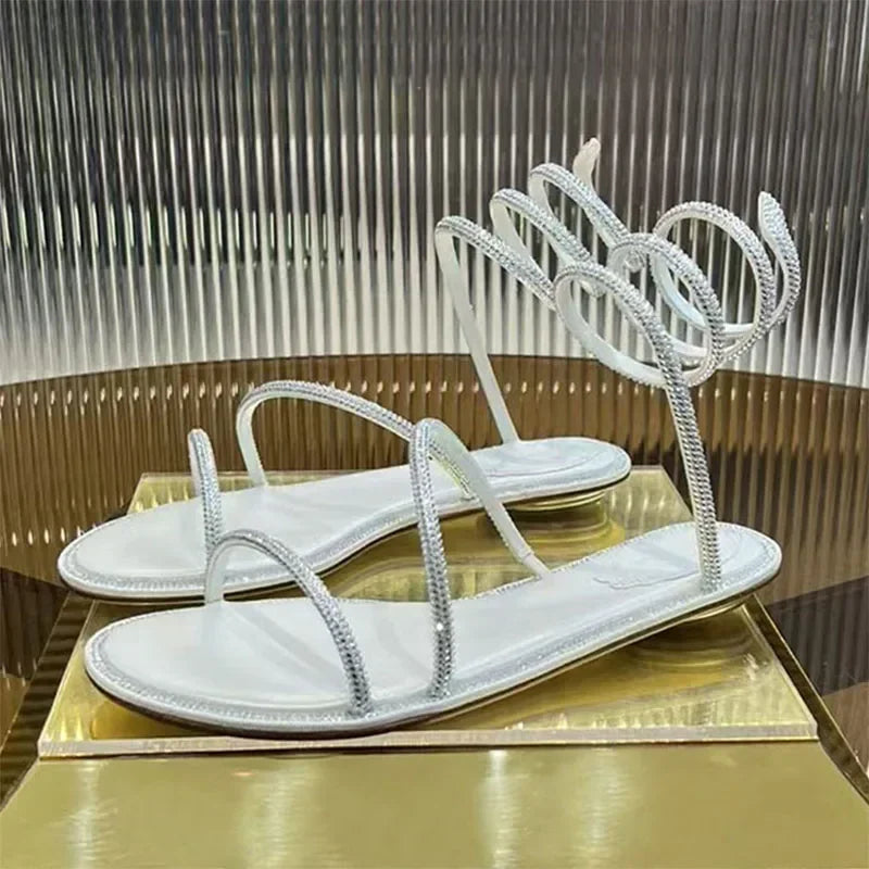 2025 Fashion Women Summer Gladiator Sandals Flat Heels Twine Around Ankle Strap Gladiator Sandal Wedding Beach Slides Rhinestone
