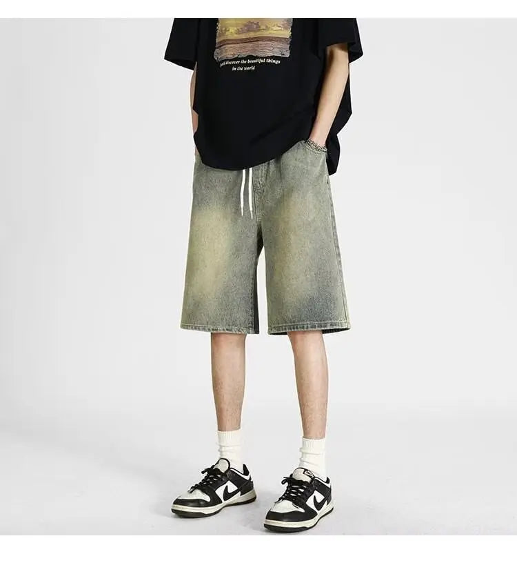 denim shorts, men's 2025 summer thin style retro loose American fashion brand casual five inch mid length pants